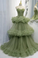 Elegant Straps Pleated Green Tiered Tulle Formal Dress